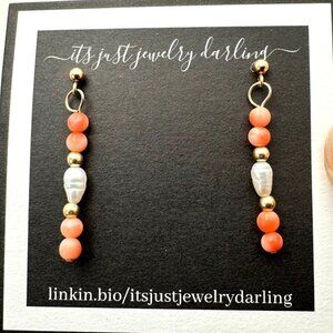 Womens Earrings 14K Yellow Gold Angel Skin Coral Pearl Chandelier Pierced